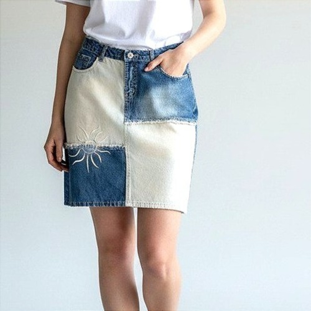 Byzance Authentic Patchwork‎ Denim Skirt Blue Sunburst Embroidery Size 10-12